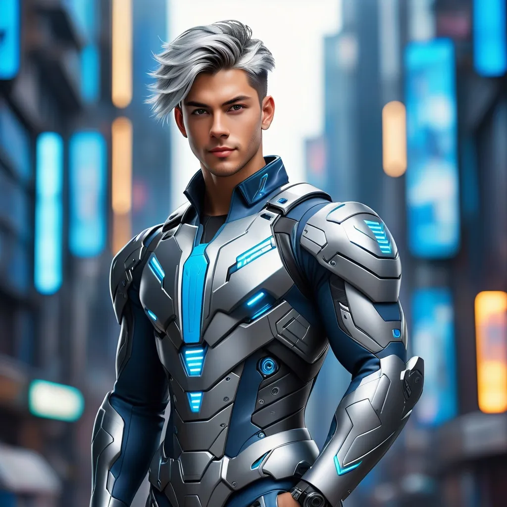 Prompt: Abstract paint, portrait of a handsome young man and body muscular with soft smile and silver wolfcut hair wearing a fit mecha break suit-inspired battle suit with blue core and cyberpunk city background. Behance HD, hyper realistic