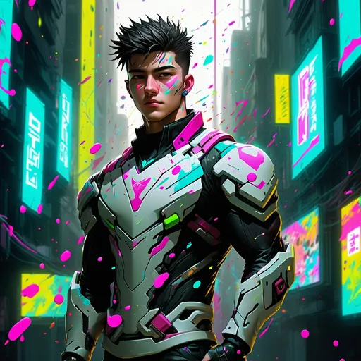 Prompt: abstract paint, neon splatter, handsome young man, cyberpunk