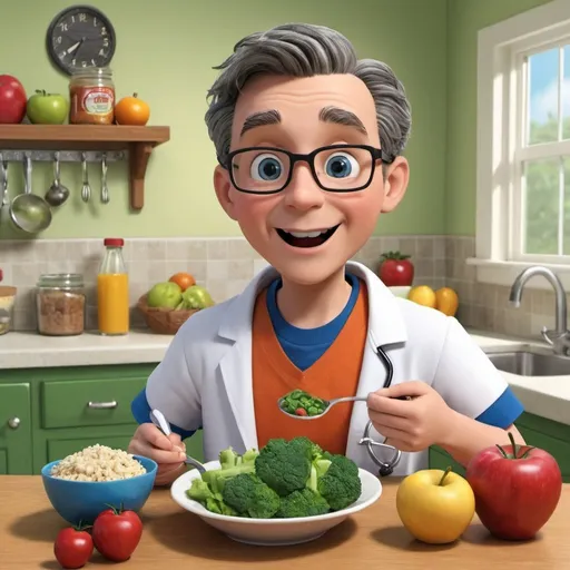 Prompt: Dr. Wise, who explains the importance of healthy eating. Tommy learns that eating nutritious food helps him grow strong and stay healthy. With the support of his parents, Tommy starts to explore new foods and discovers that healthy eating isn't so bad after all. As he embraces nutritious meals, Tommy feels happier, healthier, and ready for any adventure.