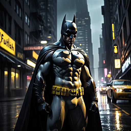 Prompt: Batman, (dynamic pose), (dark and moody atmosphere), Gotham City skyline, (dramatic shadows), (vibrant contrasts of black and yellow), powerful expression, emblematic cape fluttering in the wind, rain-soaked streets reflecting neon lights, detailed textures, high definition, cinematic lighting, superhero aesthetic, capturing a sense of justice and mystery.