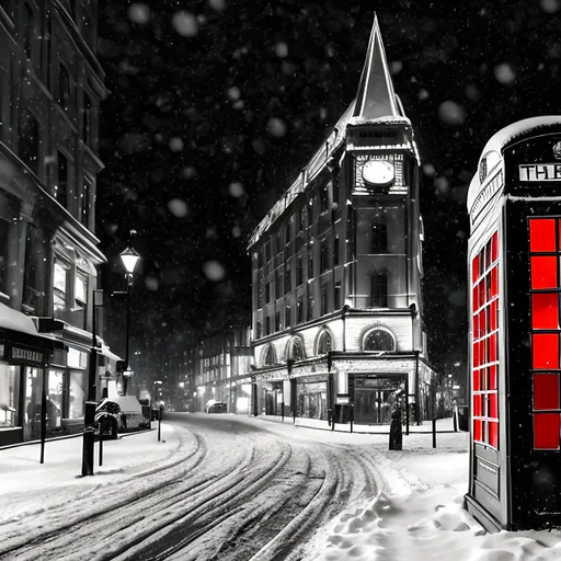 Prompt: Snow-covered London street scene, Victorian architecture, iconic red phone booth, classic black taxi, warm vintage glow, detailed snowflakes, cozy atmosphere, high quality, vintage, nostalgic, warm lighting, snowy, classic, detailed architecture, atmospheric, winter wonderland, traditional, charming