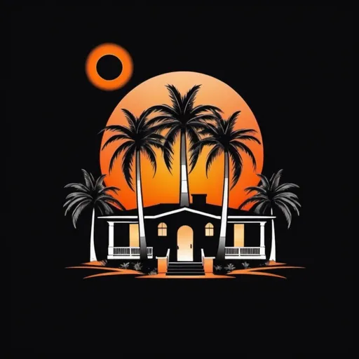 Prompt: 3 Palm trees with a home behind it in front of a dark orange sun, black background, elegant brand logo for a real estate company. Company name is 3rd Palm 