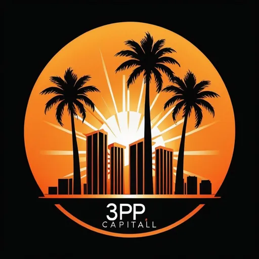 Prompt: (accurately spelled text "3P Capital Group"), modern company logo, sleek design, inspired by commercial real estate in Florida, featuring (3 palm trees), (specifically have only 3  buildings in image), vibrant darker orange sun in cyberpunk style. Accurately include horizontal lines in the sun, high contrast black background, luxurious gold accents in highlights, striking composition, appealing to clients, professional and inviting aesthetic.