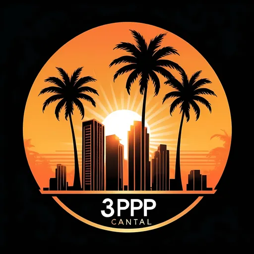 Prompt: (accurately spelled text "3P Capital Group"), modern company logo, sleek design, inspired by commercial real estate in Florida, featuring (3 palm trees), (specifically have only 3  buildings in image), vibrant darker orange sun in cyberpunk style. Accurately include horizontal lines in the sun, high contrast black background, luxurious gold accents in highlights, striking composition, appealing to clients, professional and inviting aesthetic.