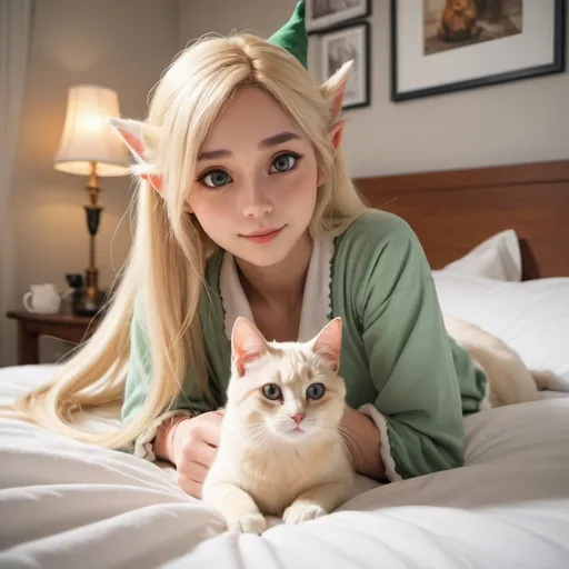 Prompt: female elf, blonde, pixar, instagram selfie, home cloth, elegant pose, bedroom, bed sheets, plush cat background, 4k fujitsu, daylight, room