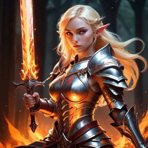 Prompt: Blonde elf woman, full plate armor, great sword, detailed fiery effects, high-quality, digital painting, anime style, vibrant colors, intense lighting, dynamic pose, fierce expression