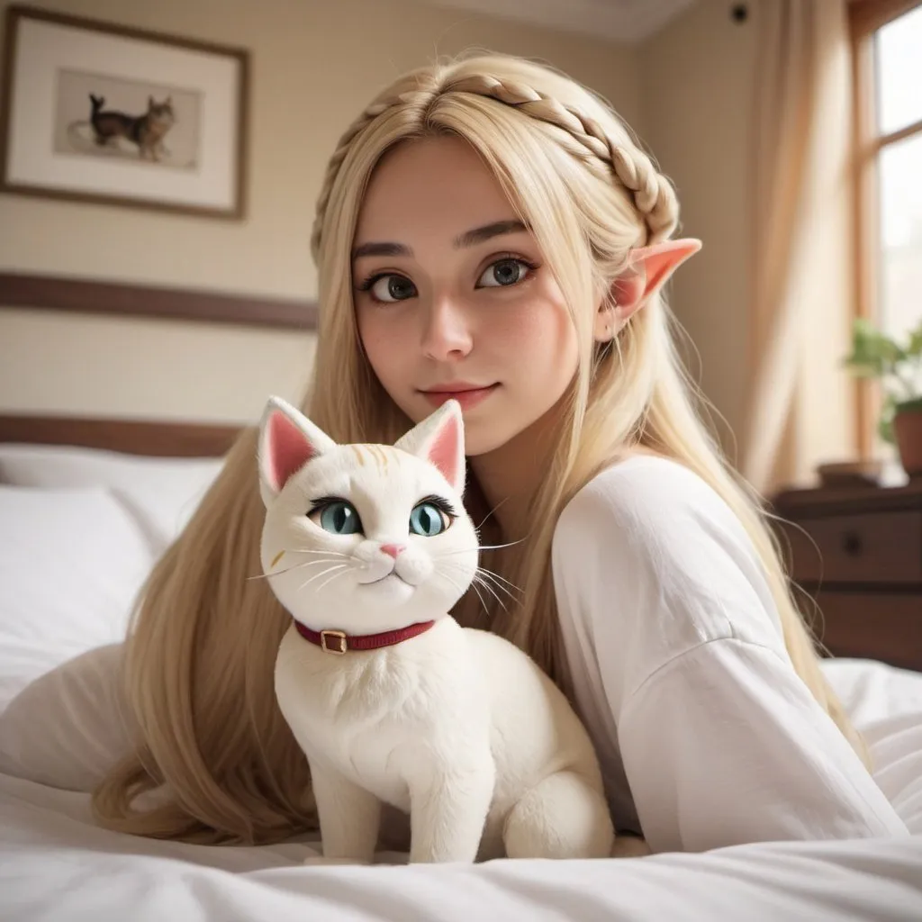 Prompt: female elf, blonde, pixar, instagram selfie, home cloth, elegant pose, bedroom, bed sheets, plush cat background, 4k fujitsu, daylight, room