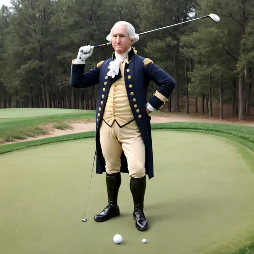 Prompt: george washington posing with his finished golf swing