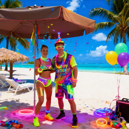 Prompt: Put them both in rave outfits with a birthday theme for him and make it look fun but also a bit crazy, with a dry sense of humour. 