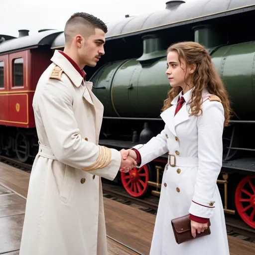 Prompt: Hermione Granger dressed in a White trench coat and white cloak stepped down from the steam locomotive train car and shook hands with Viktor Krum, Viktor Krum in military uniform