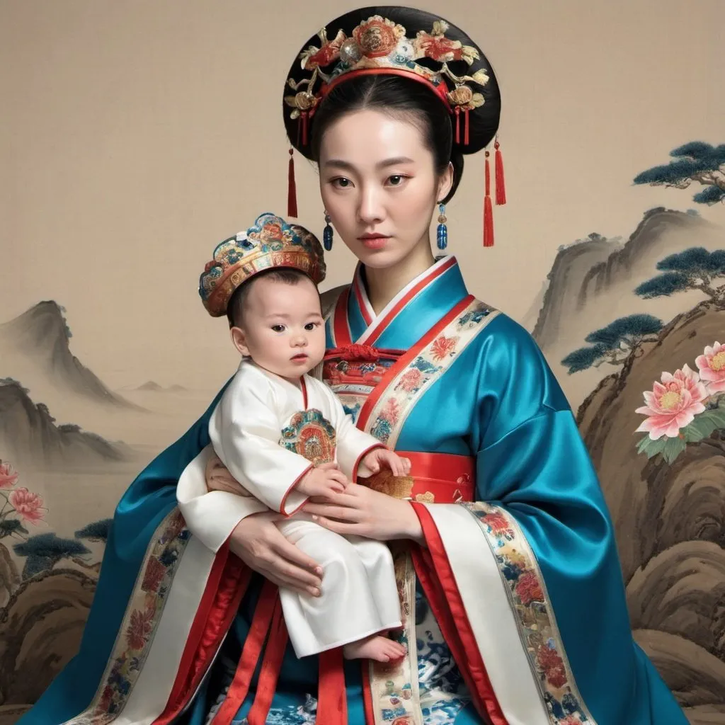 Prompt: Saint Maria and baby Jesus in Ming Dynasty Chinese costume