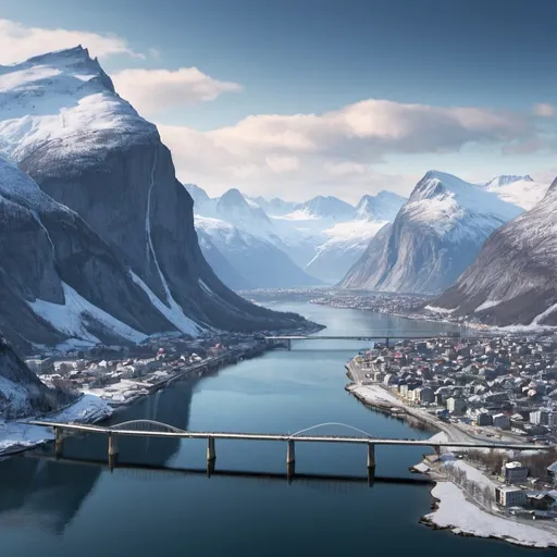 Prompt: City, snow mountain in the distance, fjord, lake, bridge, forest, river