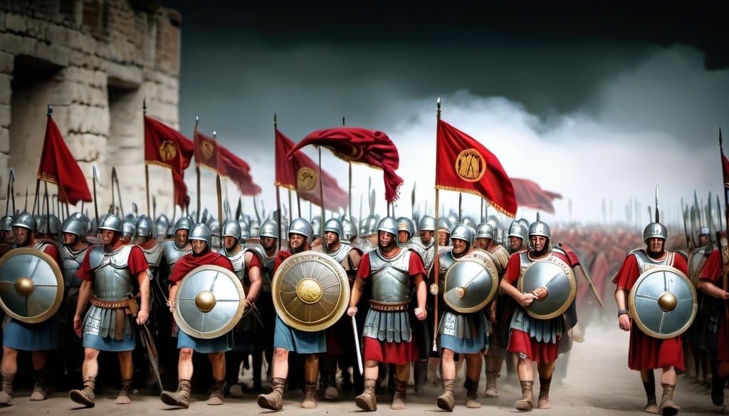 Prompt: Roman army march in enemy land