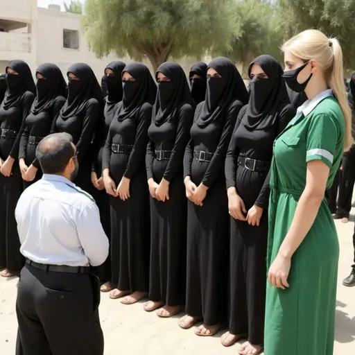 Prompt: Hamas inspecting female blonde slaves