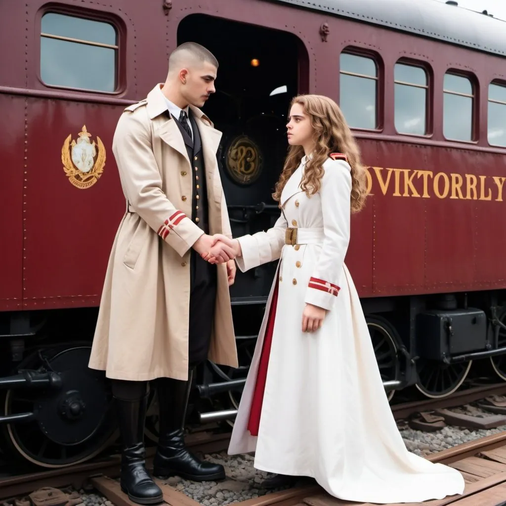 Prompt: Hermione Granger dressed in a trench coat and white cloak stepped down from the steam locomotive train car and shook hands with Viktor Krum, Viktor Krum in military uniform