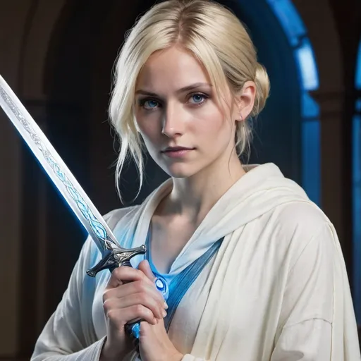 Prompt: Emma Carstairs in white toga holding Cortana the Sword