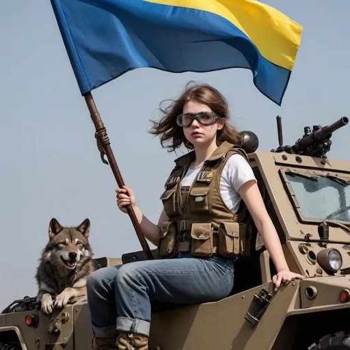 Prompt: a girl with brown hair, wearing a Kevlar anti-curse vest, a wand tied to her waist, a broom on her back, and goggles tied to her helmet, sitting on a Humvee. Behind her,  the Ukraine flag and the feminism anarchism flag fluttered on the radio antenna. The general machine gun in the girl's hand fired at the werewolves coming in like a tide, and the silver bullets tore the werewolves into pieces alive. 