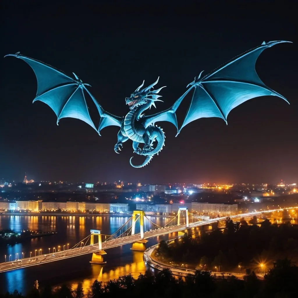 Prompt: A dragon with “Z” mark fly over Kyiv and battle with helicopter at night