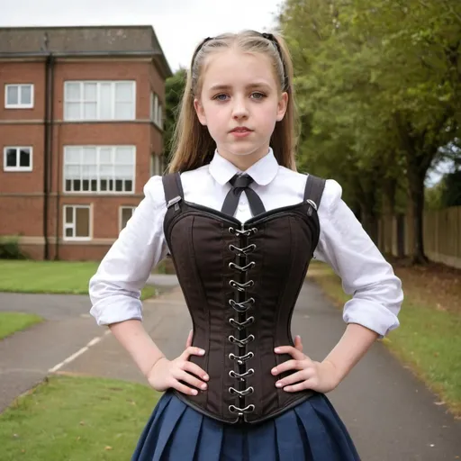 Prompt: girl in neck corset, corset, school uniform,  locked wedget boots