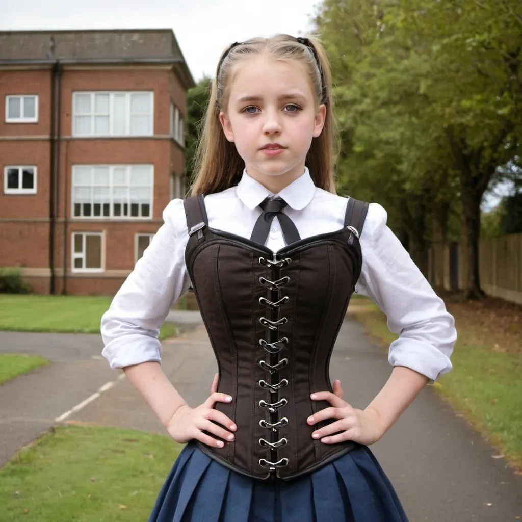 Prompt: girl in neck corset, corset, school uniform,  locked wedget boots