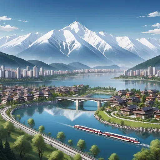 Prompt: In the distance are snow-capped mountains and forests, dotted with small villas. The river flows from the mountains in the distance into the nearby city.  Internationalism-style skyscrapers in the city are surrounded by houses and villas. In front of the city is a lake, and the high-speed train flies over the bridge on the lake.