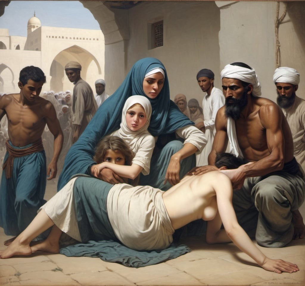 Prompt: Muslims abduct white slave girls, 
Orientalism painting