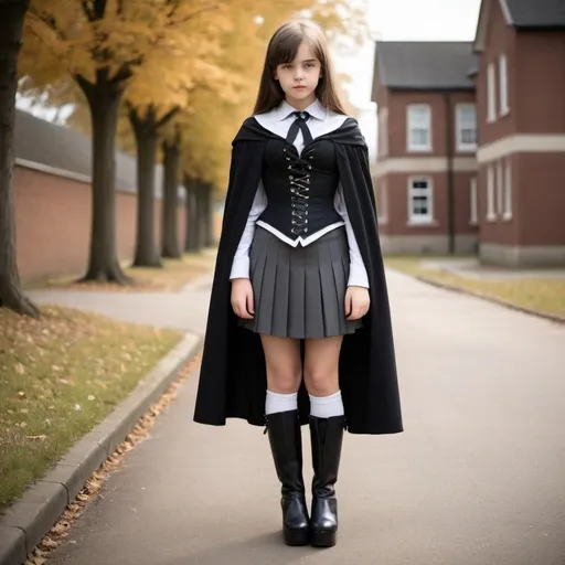Prompt: girl in neck corset, corset, school uniform, cloak that cover her hands and arms,ankle long-pencil skirt, wedge boots