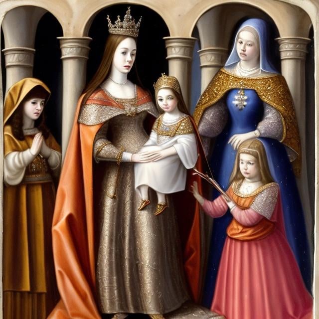 Prompt: Queen Isabel de Castile as Saint Maria, carrying Infanta Johanna the Mad, Catherine of Aragon in hand