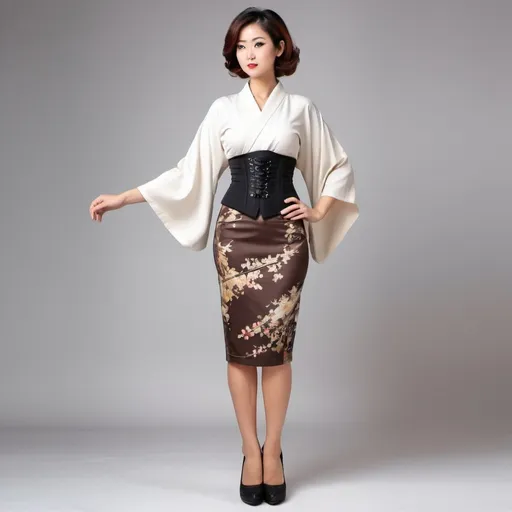 Prompt: Office lady in wood wedge heel, pencil skirt, kimono-inspired style, corset