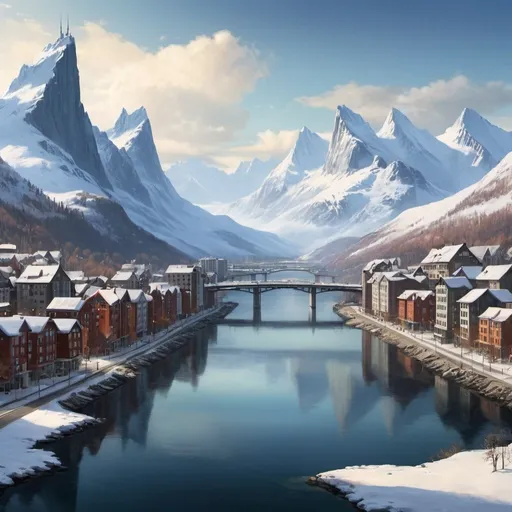 Prompt: City, snow mountain in the distance, fjord,skyscrapers and towers,lake, bridge, forest, river