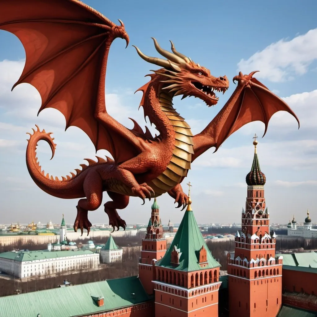 Prompt: A dragon with “Z” mark fly over Kremlin as book cover