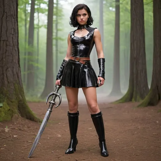 Prompt: Camp Half-blood female demigod in latex, boots with heels, used Electrum whip as weapons, 5'9", always in dress, Italian or French American girl
