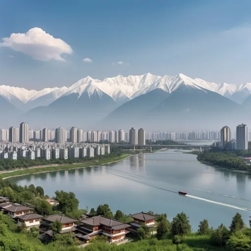 Prompt: In the distance are snow-capped mountains and forests, dotted with small villas. The river flows from the mountains in the distance into the nearby city. There are exquisite skyscrapers in the city. In front of the city is a lake, and the high-speed train flies over the bridge on the lake.