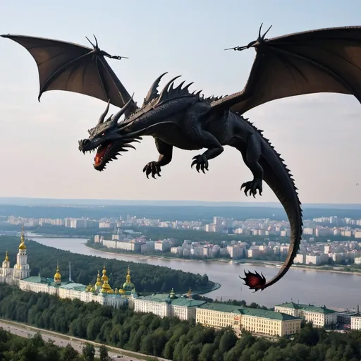 Prompt: A dragon with “Z” mark fly over Kyiv and battle with helicopter