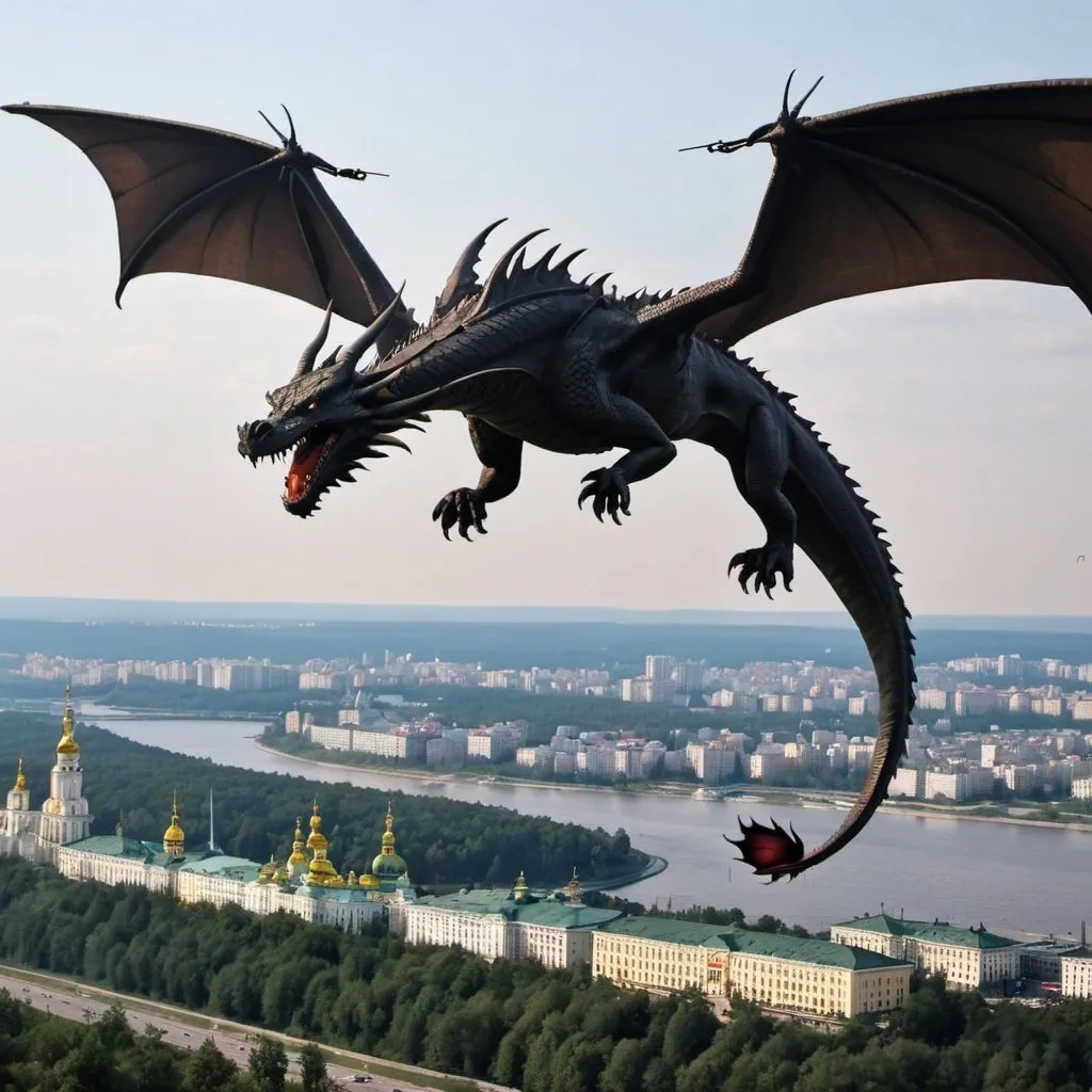 Prompt: A dragon with “Z” mark fly over Kyiv and battle with helicopter