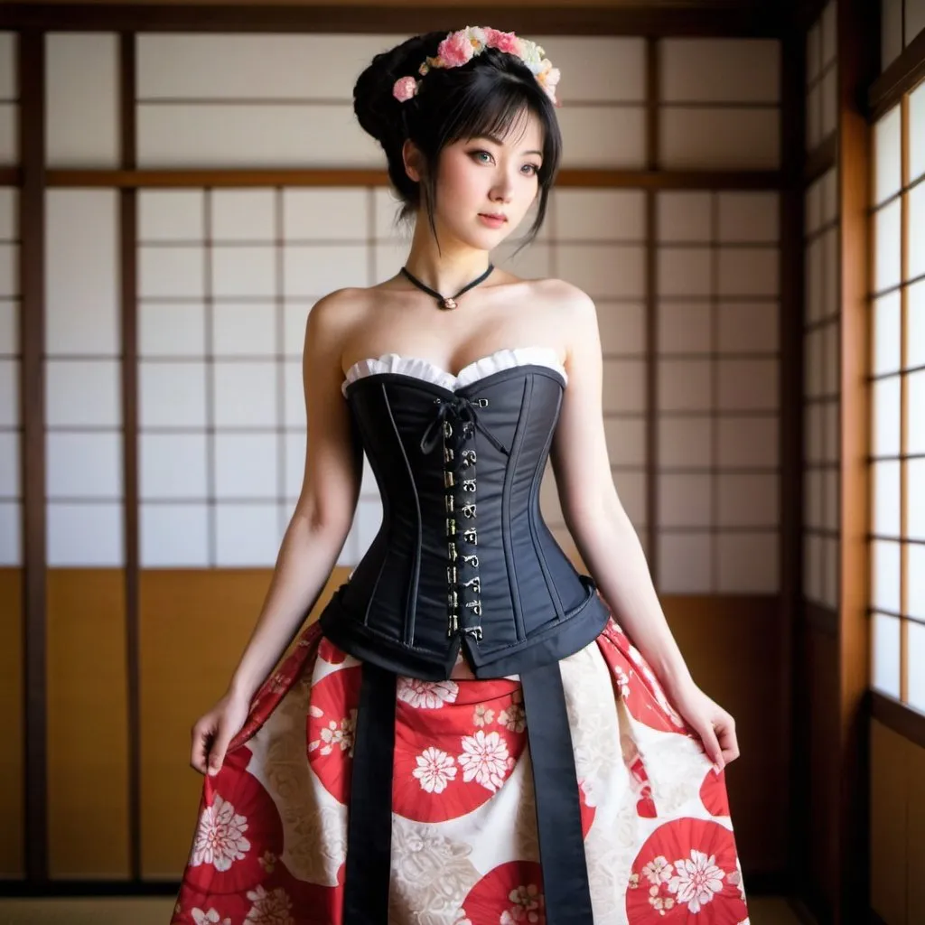 Prompt: Japanese traditional clothing inspired corset and hobble skirt