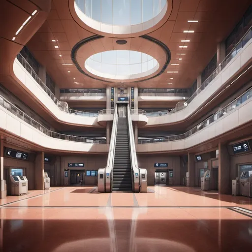 Prompt: Airport terminal on Mars, view from ground floor to second floor through major elevator