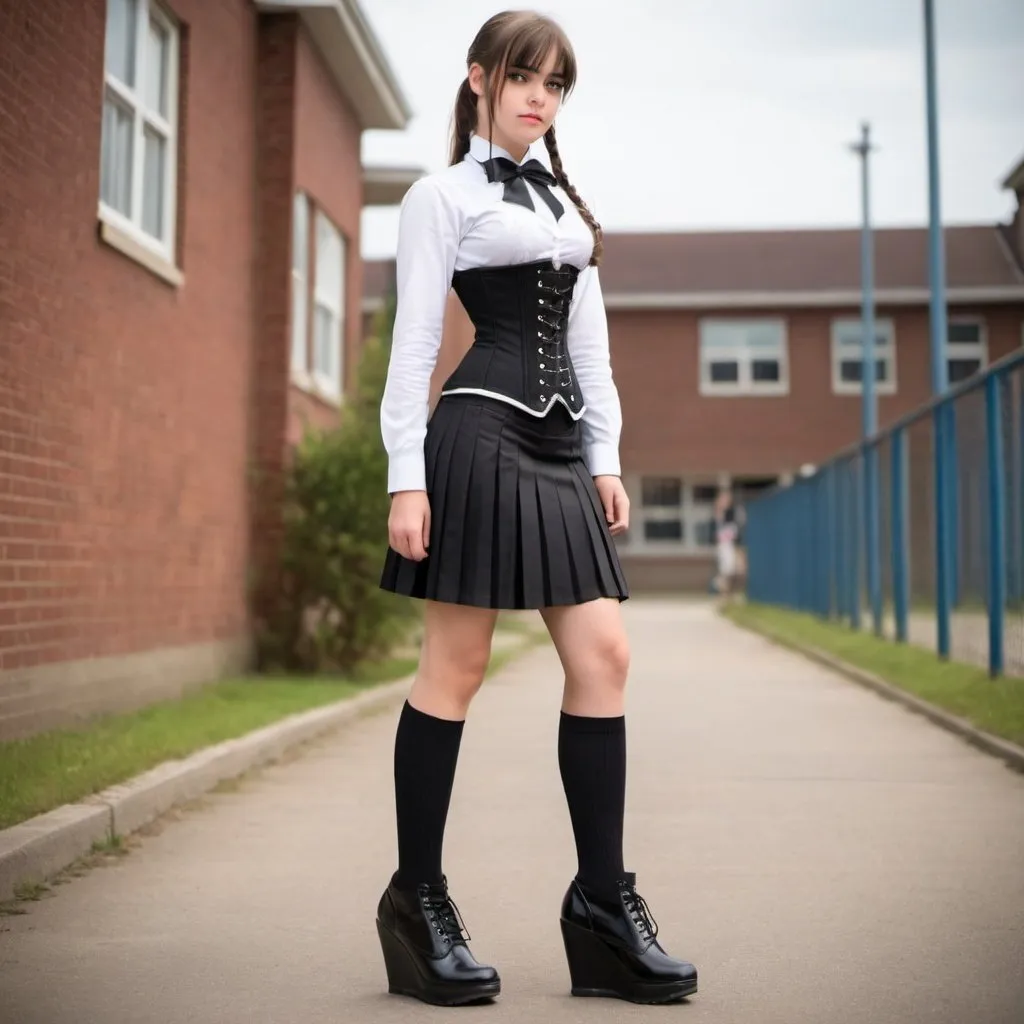 Prompt: girl in neck corset, corset, school uniform,ankle long-pencil skirt, wedge boots