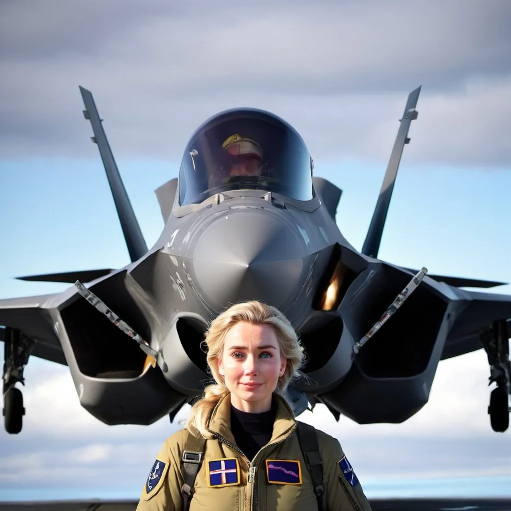 Prompt: Elsa climbs aboard an F-35 as an Royal Norwegian Air Force pilot