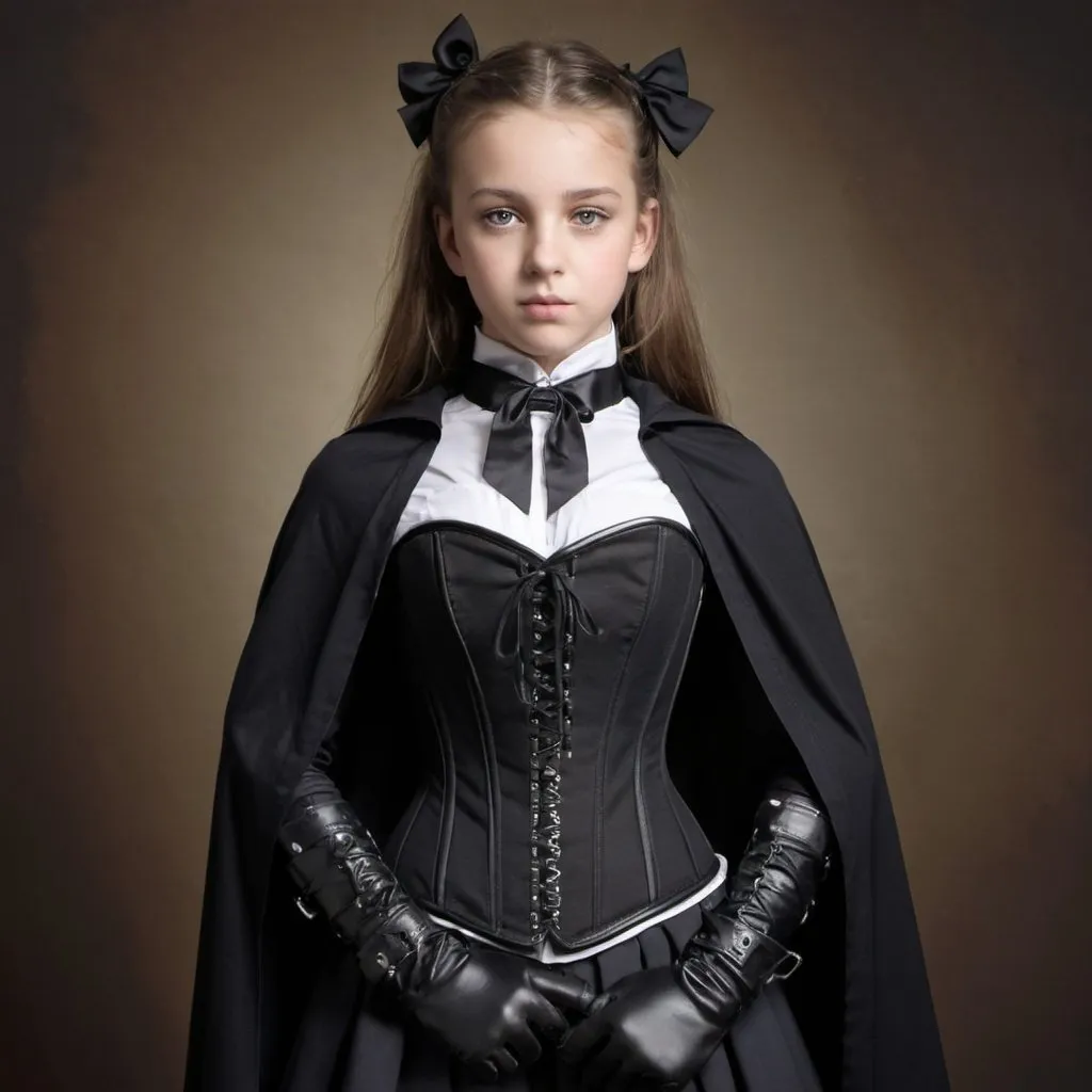 Prompt: Girl in school uniform with corset, neck corset, mono glove covered by cloak, boots, 