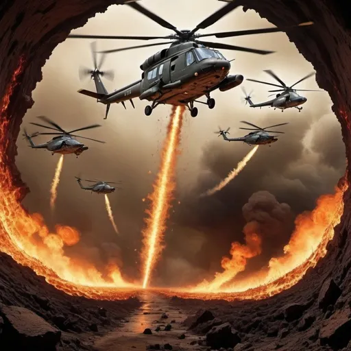 Prompt: Mortal helicopters and jets fly through a hole in Earth's surface, flying into hell(a.k.a. SubTerrestrial world) and marching against monsters

