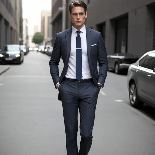 Prompt: white shirt, dark grey, two-piece suit with black shoes and a dark blue tie for men