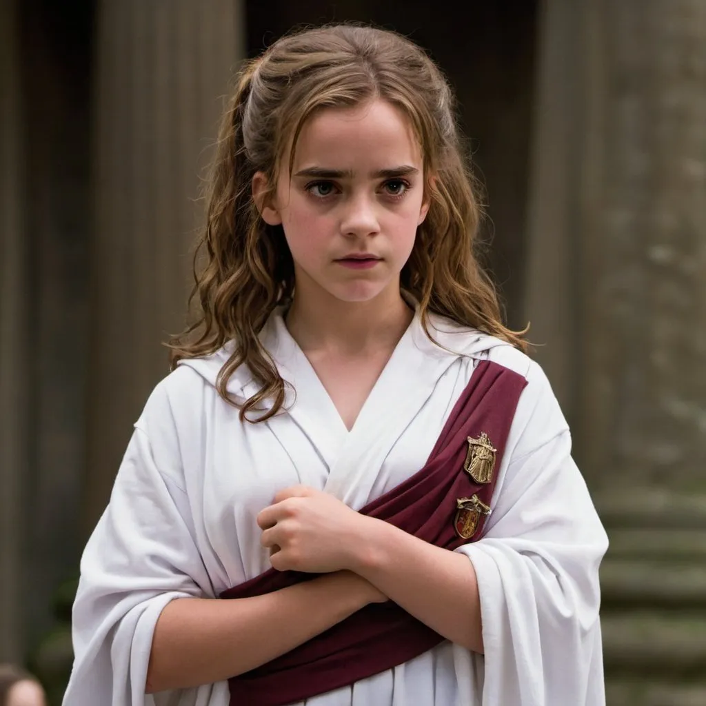 Prompt: Hermione Granger in white toga holding