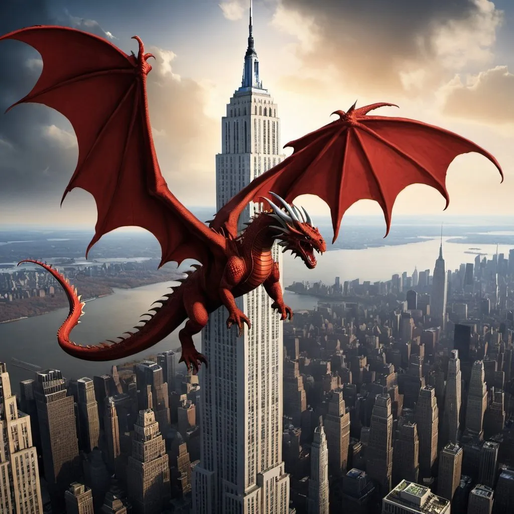 Prompt: Create a book cover for The Last Olympian, with a dragon climbed up the Empire State Building.
