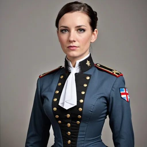 Prompt: Female military officer in corset, neck collar and ceremony uniform 