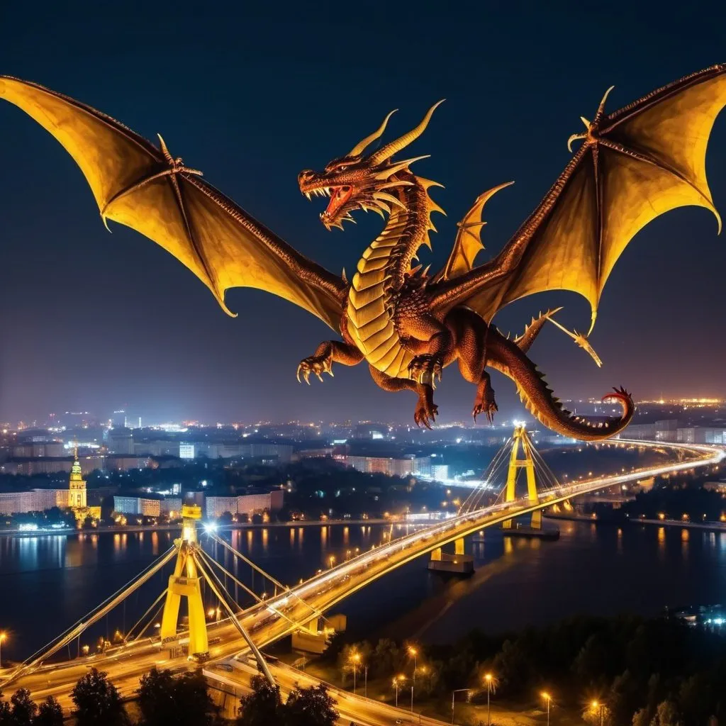 Prompt: A dragon with “Z” mark fly over Kyiv and battle with helicopter at night