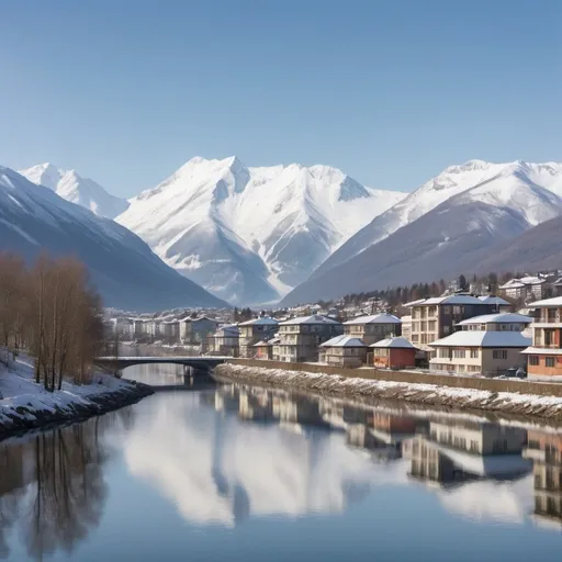 Prompt: In the distance are snow-capped mountains and forests, dotted with small villas. The river flows from the mountains in the distance through the nearby city into a fjord.  Internationalism-style skyscrapers in the city are surrounded by houses and villas. In front of the city is a lake, and above the lake is a bridge. high-speed train on the bridge.