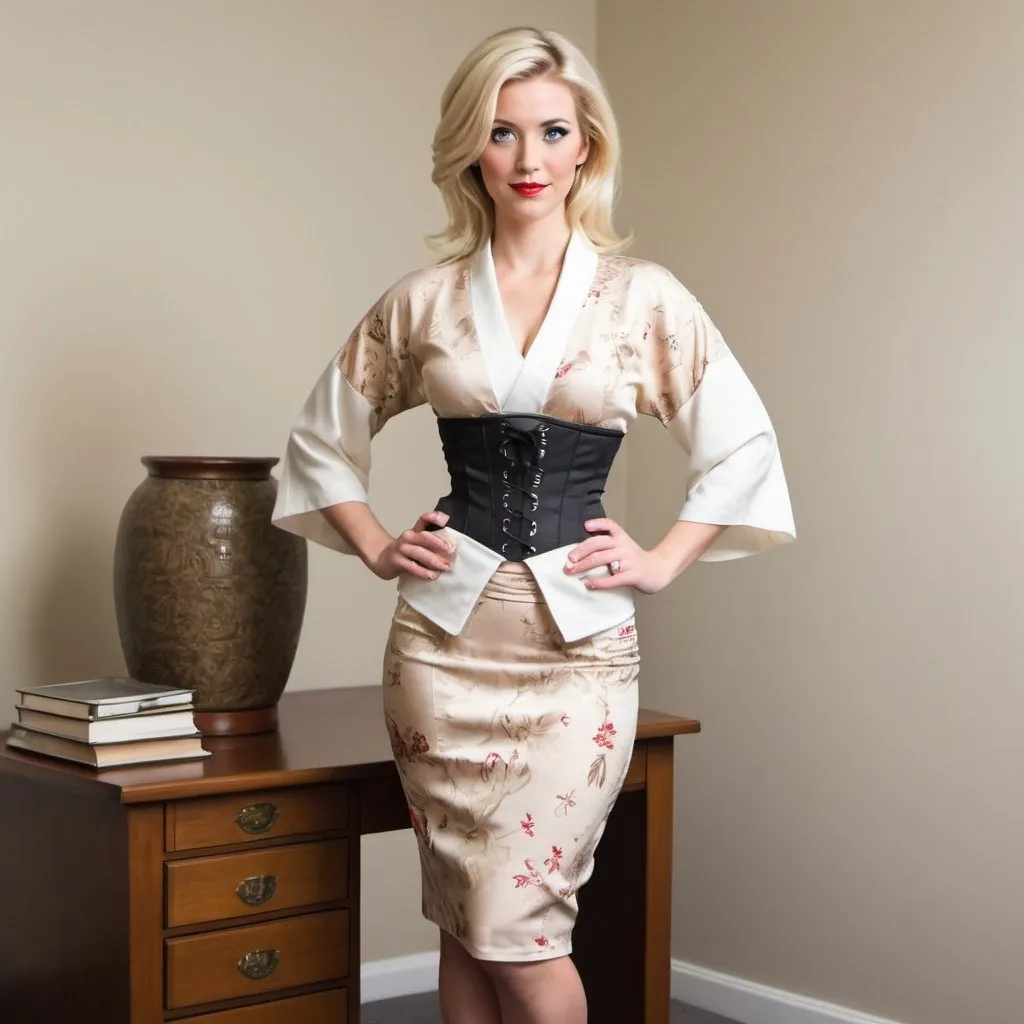 Prompt: Blonde secretary in wood wedge heel, pencil skirt, kimono-inspired style, corset