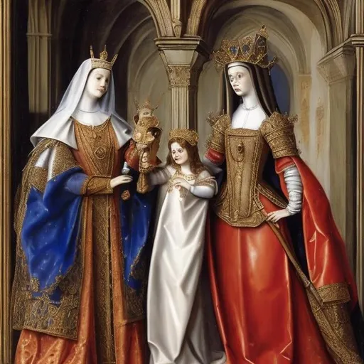 Prompt: Queen Isabel de Castile as Saint Maria, carrying Infanta Johanna the Mad, Catherine of Aragon in hand