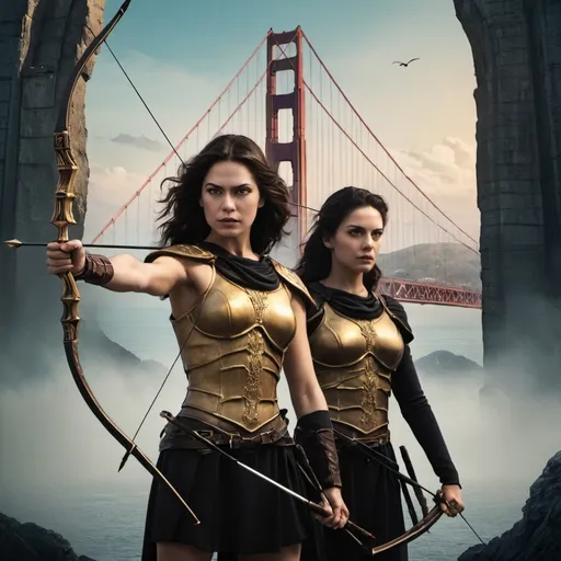 Prompt: Crest a movie poster for The Titan’s Curse, with the Golden Gate Bridget in the distance, and Bianca di Angelo stand in the front, holding a bow and arrows